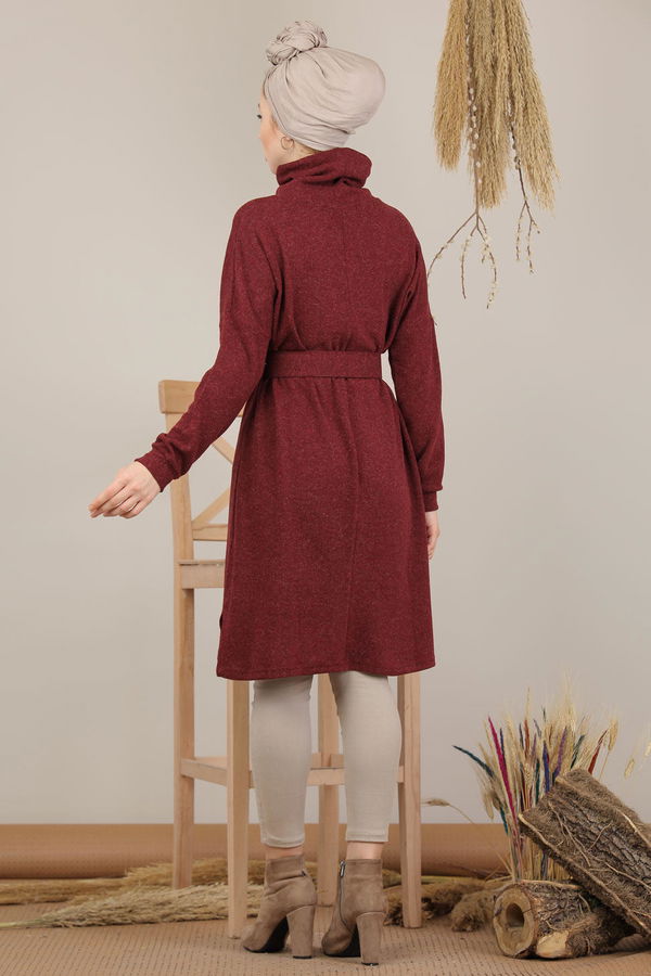 Düz Orta Kadın Bordo Triko Tunik Kemerli Siyah  - 5208 BORDO