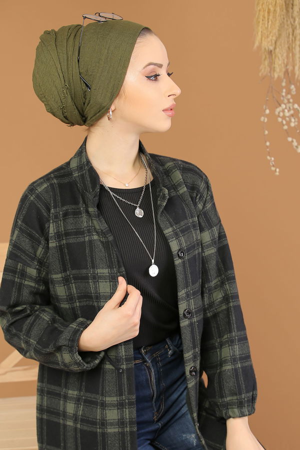 Düz Orta Kadın Haki Dügmeli Gömlek Tunik Haki - 5218 - 5218 HAKİ