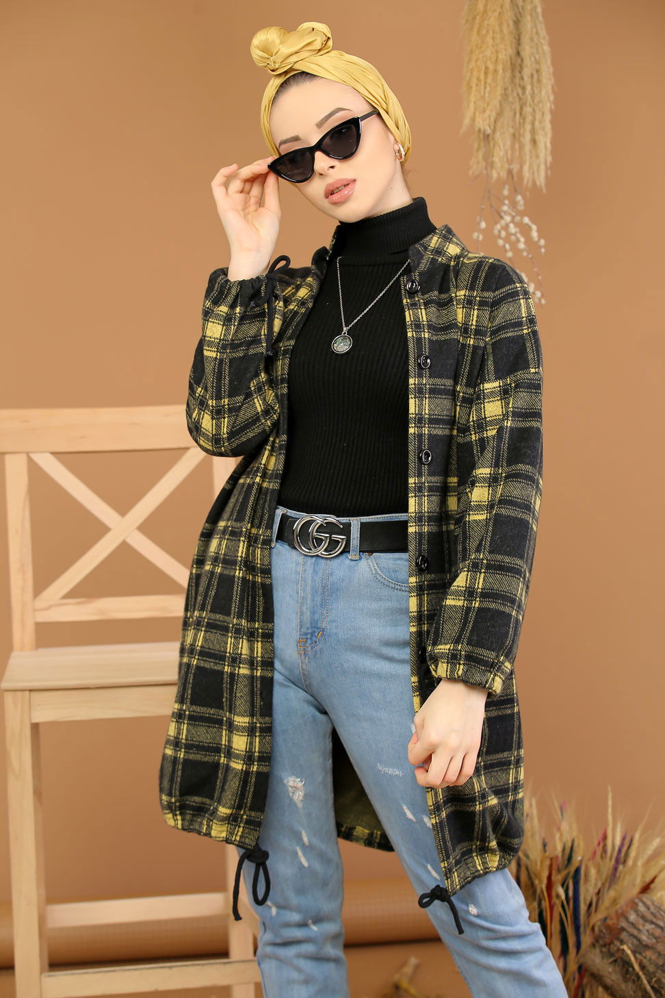 Düz Orta Kadın Sarı Dügmeli Gömlek Tunik Sarı - 5218 - 5218