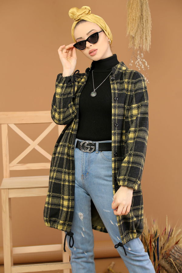 Düz Orta Kadın Sarı Dügmeli Gömlek Tunik Sarı - 5218 - 5218