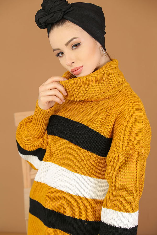 Düz Orta Kadın Sarı Bogazlı Triko Tunik Siyah  - 8179 Sarı