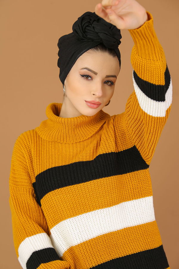 Düz Orta Kadın Sarı Bogazlı Triko Tunik Siyah  - 8179 Sarı