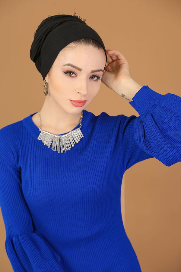 Düz Orta Kadın Mavi Triko Elbise Siyah  - 7925