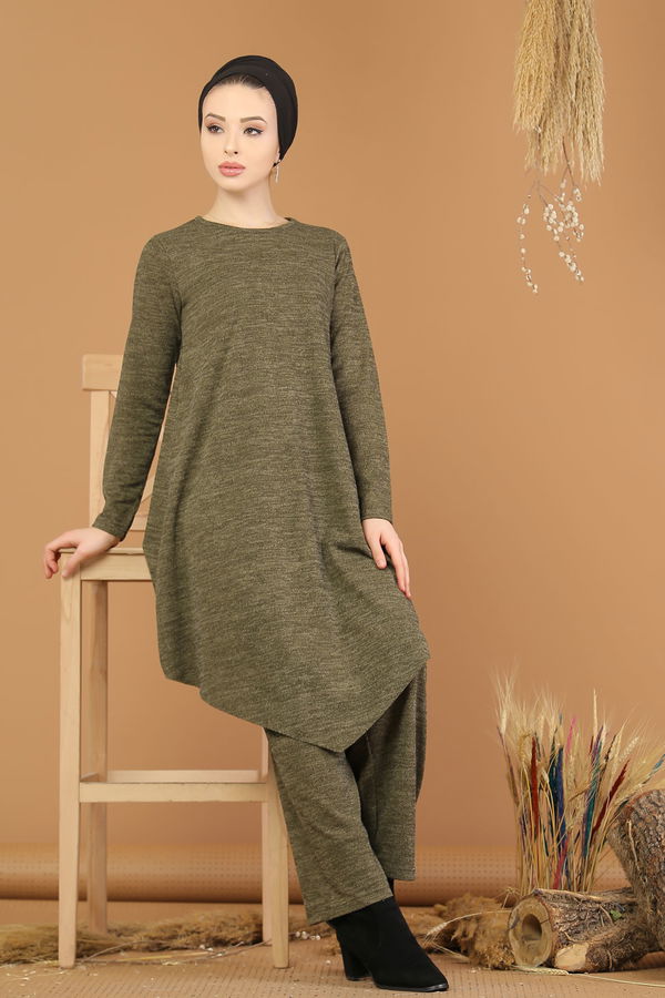 Düz Orta Kadın Haki Triko Tunik Pantolon Haki  - 8182