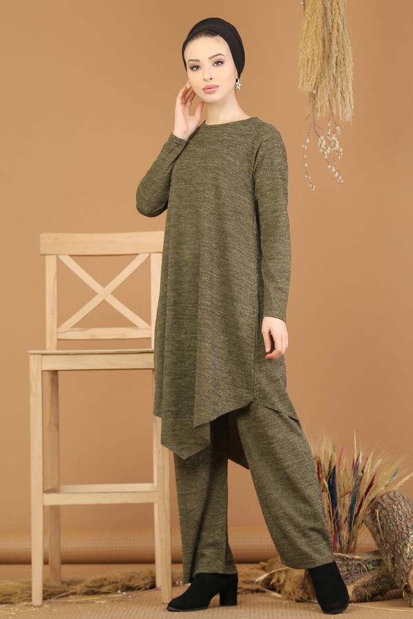 Düz Orta Kadın Haki Triko Tunik Pantolon Haki  - 8182