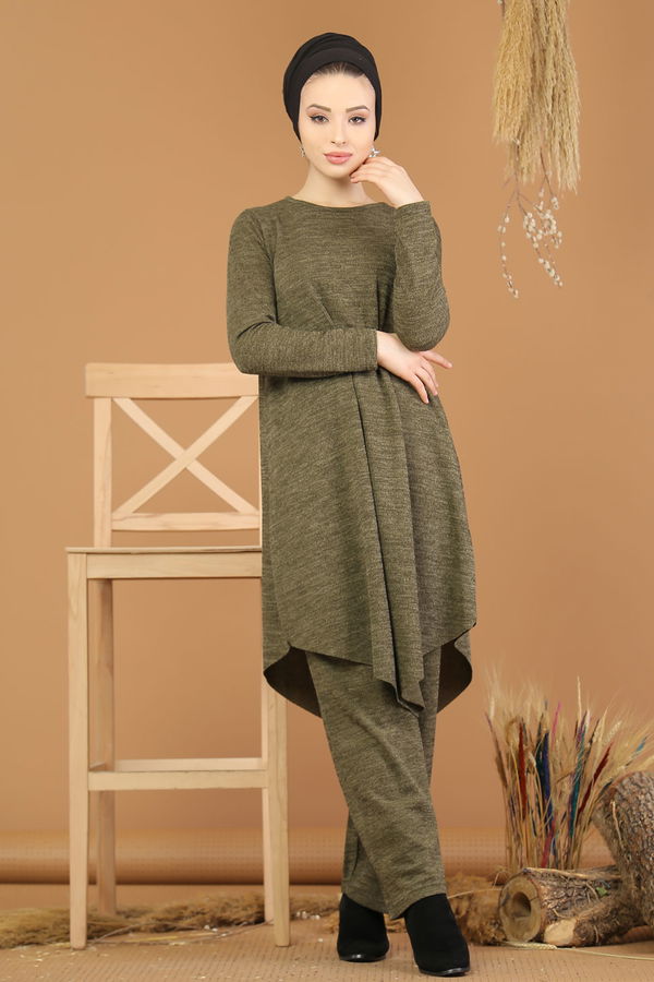 Düz Orta Kadın Haki Triko Tunik Pantolon Haki  - 8182
