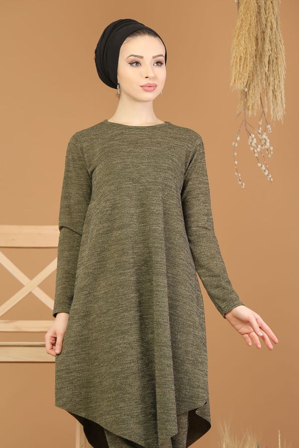 Düz Orta Kadın Haki Triko Tunik Pantolon Haki  - 8182
