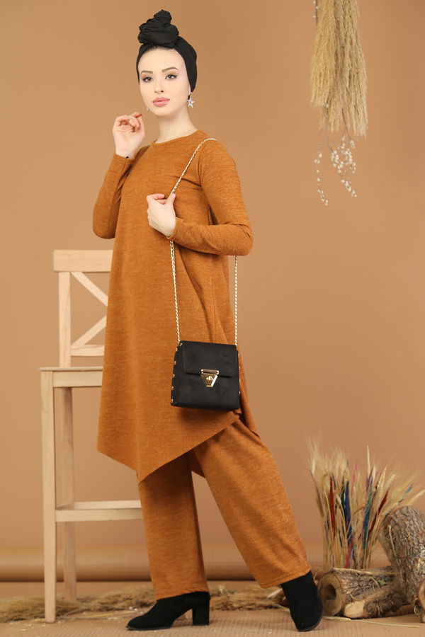 Düz Orta Kadın Sarı Triko Tunik Pantolon Haki  - 8182 Sarı