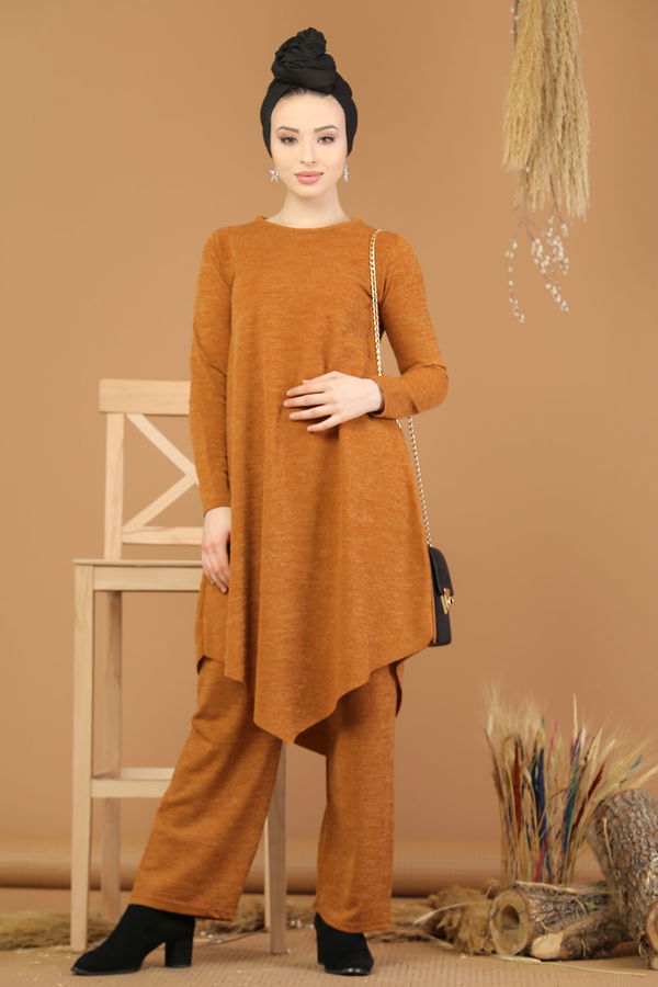 Düz Orta Kadın Sarı Triko Tunik Pantolon Haki  - 8182 Sarı