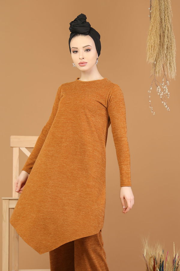 Düz Orta Kadın Sarı Triko Tunik Pantolon Haki  - 8182 Sarı