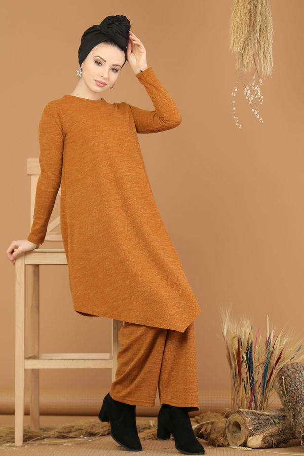 Düz Orta Kadın Sarı Triko Tunik Pantolon Haki  - 8182 Sarı