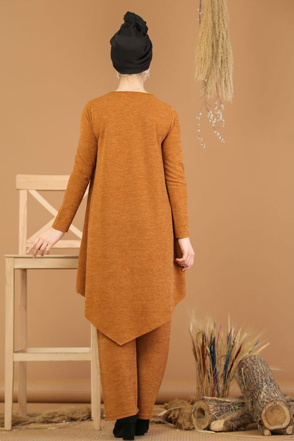 Düz Orta Kadın Sarı Triko Tunik Pantolon Haki  - 8182 Sarı