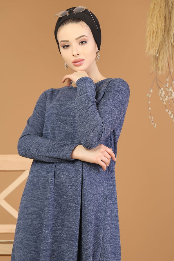 Düz Orta Kadın Mavi Triko Tunik Pantolon Haki  - 8182 MAVİ