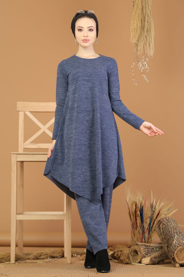 Düz Orta Kadın Mavi Triko Tunik Pantolon Haki  - 8182 MAVİ