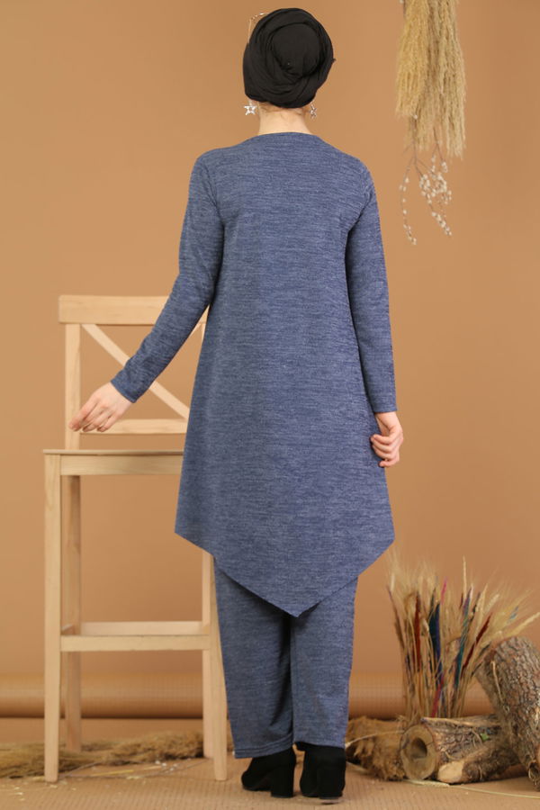 Düz Orta Kadın Mavi Triko Tunik Pantolon Haki  - 8182 MAVİ