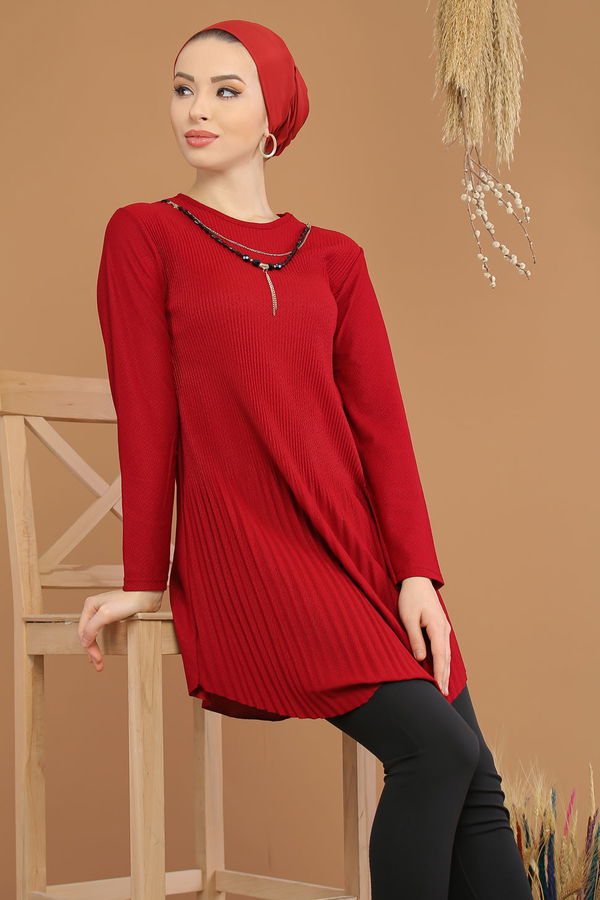 Düz Orta Kadın Bordo Pliseli Tunik Kolye Siyah  - 8191 BORDO