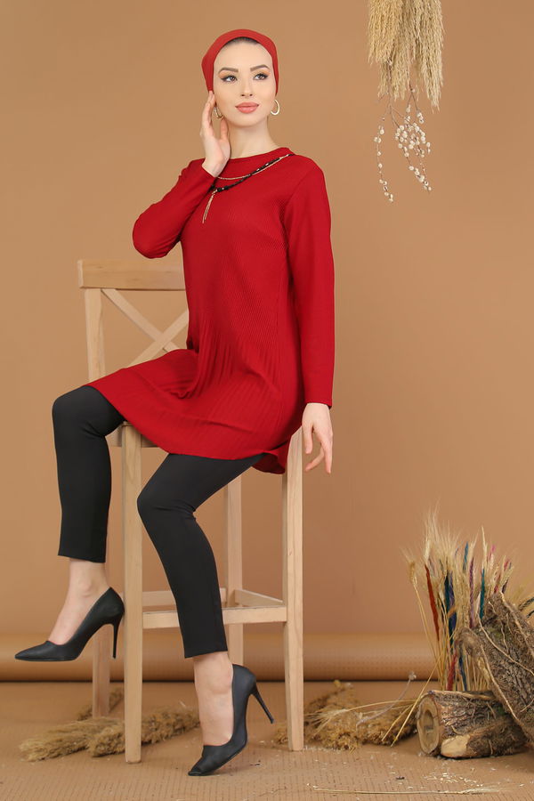 Düz Orta Kadın Bordo Pliseli Tunik Kolye Siyah  - 8191 BORDO