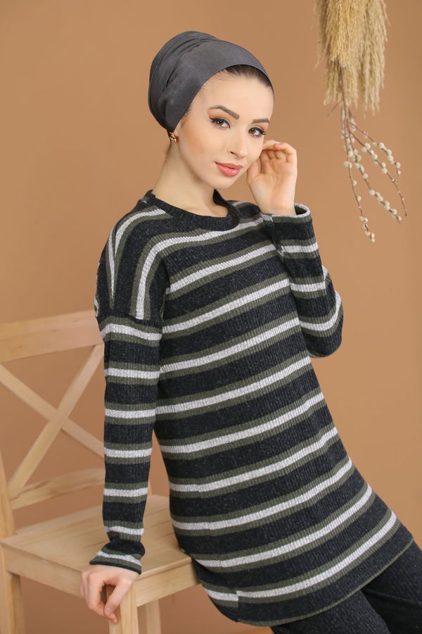 Düz Orta Kadın Haki Triko Tunik Pantolon Haki  - 8192