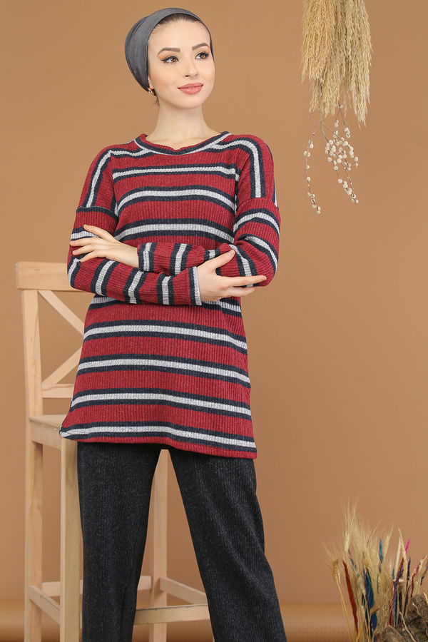 Düz Orta Kadın Bordo Triko Tunik Pantolon Haki  - 8192 BORDO