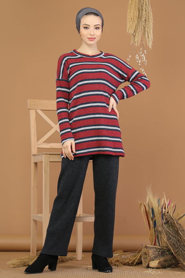 Düz Orta Kadın Bordo Triko Tunik Pantolon Haki  - 8192 BORDO