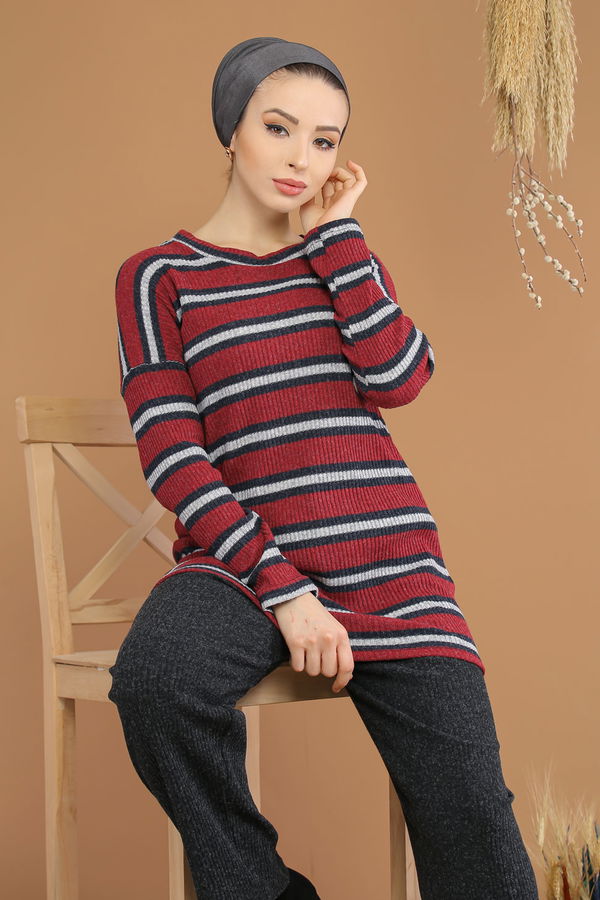 Düz Orta Kadın Bordo Triko Tunik Pantolon Haki  - 8192 BORDO