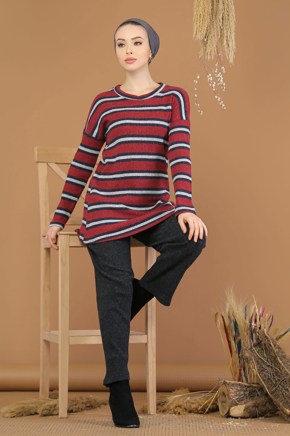 Düz Orta Kadın Bordo Triko Tunik Pantolon Haki  - 8192 BORDO