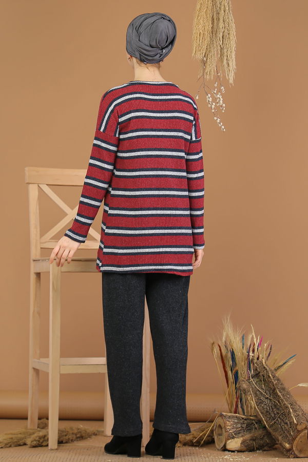 Düz Orta Kadın Bordo Triko Tunik Pantolon Haki  - 8192 BORDO