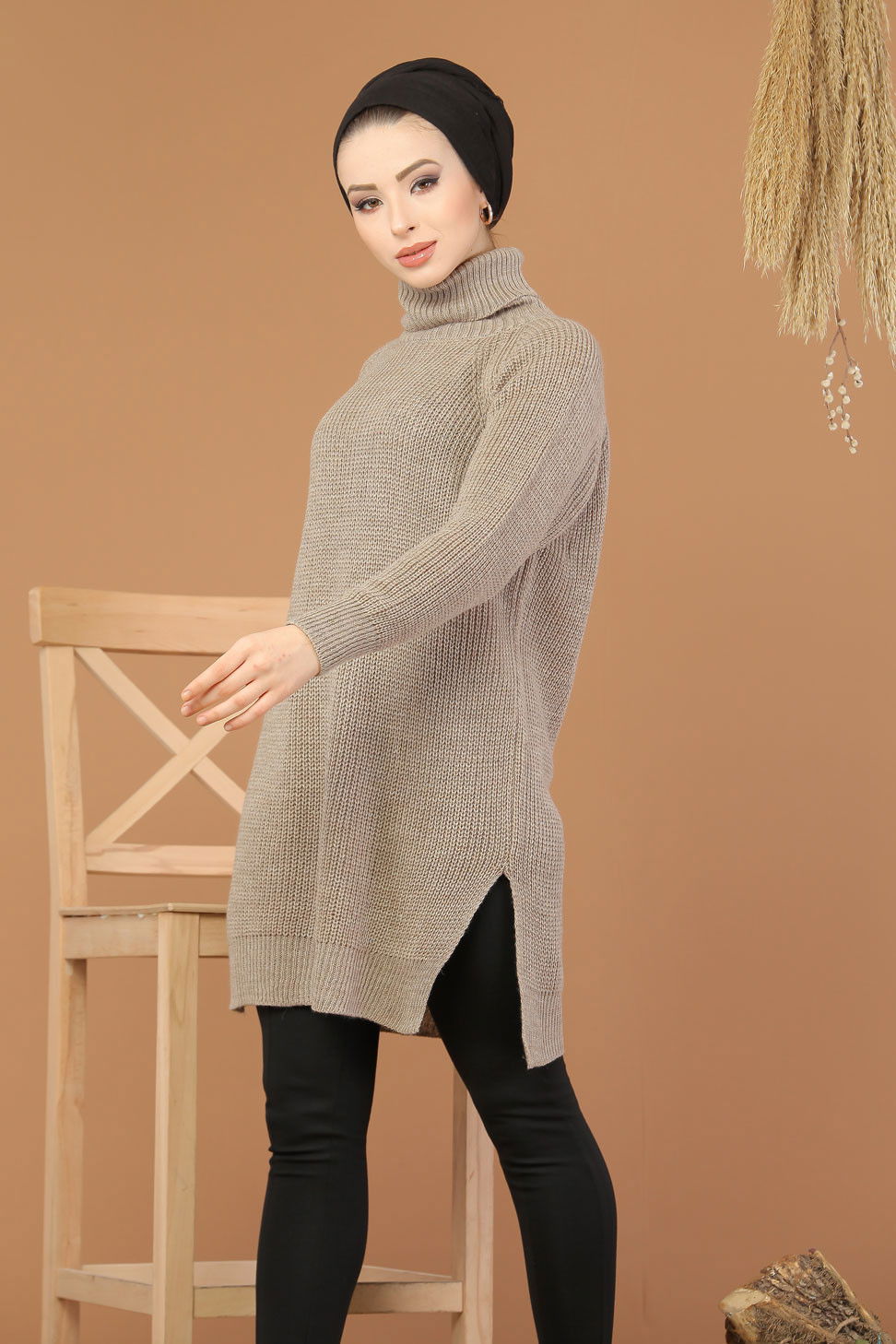 Düz Orta Kadın Vizon Triko Tunik Siyah  - 8144