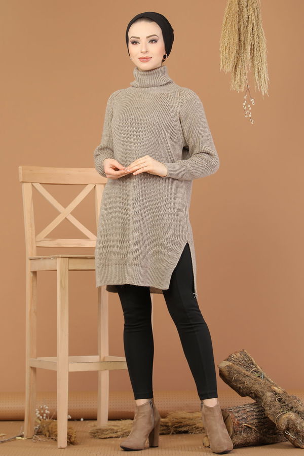 Düz Orta Kadın Vizon Triko Tunik Siyah  - 8144