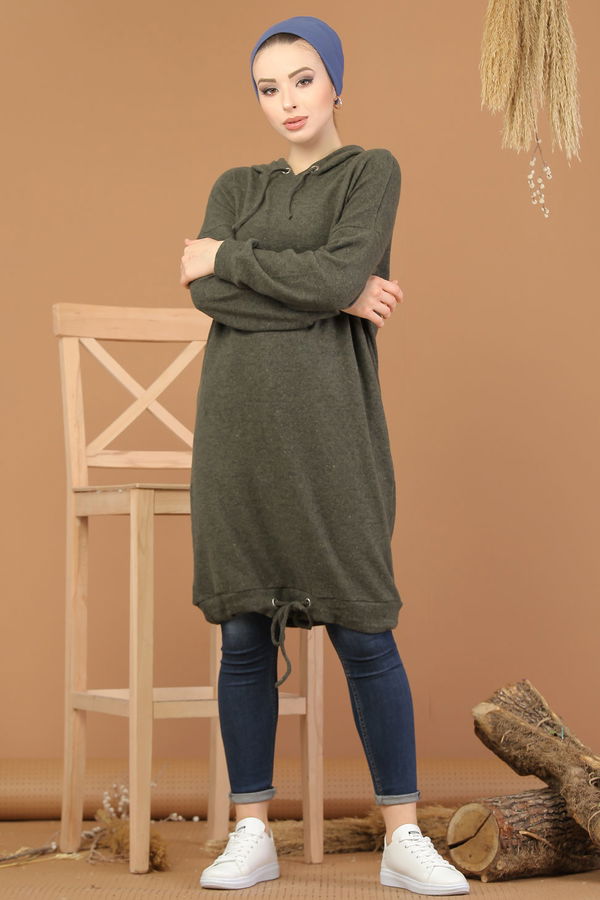 Düz Orta Kadın Haki Kapşonlu Tunik Siyah  - 8202