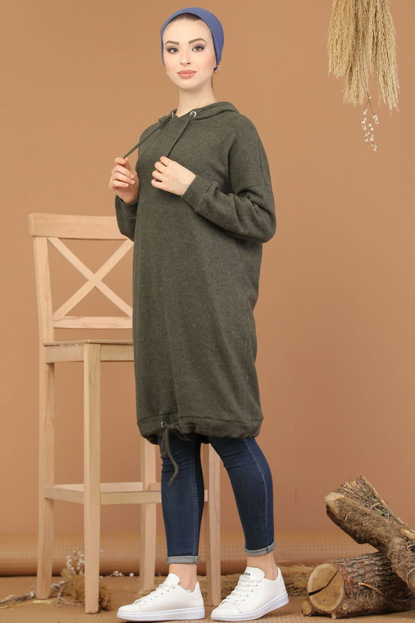 Düz Orta Kadın Haki Kapşonlu Tunik Siyah  - 8202