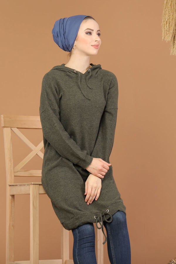 Düz Orta Kadın Haki Kapşonlu Tunik Siyah  - 8202