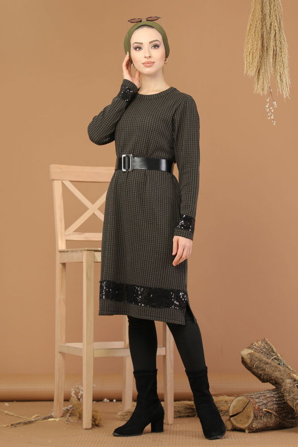 Düz Orta Kadın Haki Pul Payet Tunik Haki  - 8204