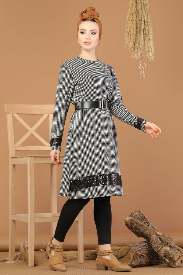 Düz Orta Kadın Beyaz Pul Payet Tunik Haki  - 8204 BEYAZ