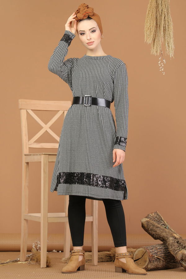 Düz Orta Kadın Beyaz Pul Payet Tunik Haki  - 8204 BEYAZ