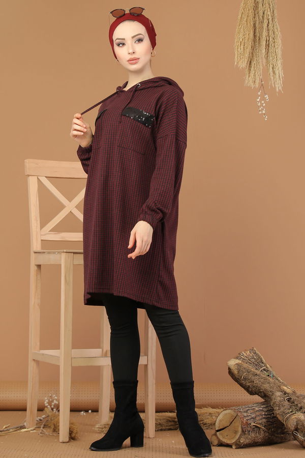 Düz Orta Kadın Bordo Kapşonlu Tunik Haki  - 8205