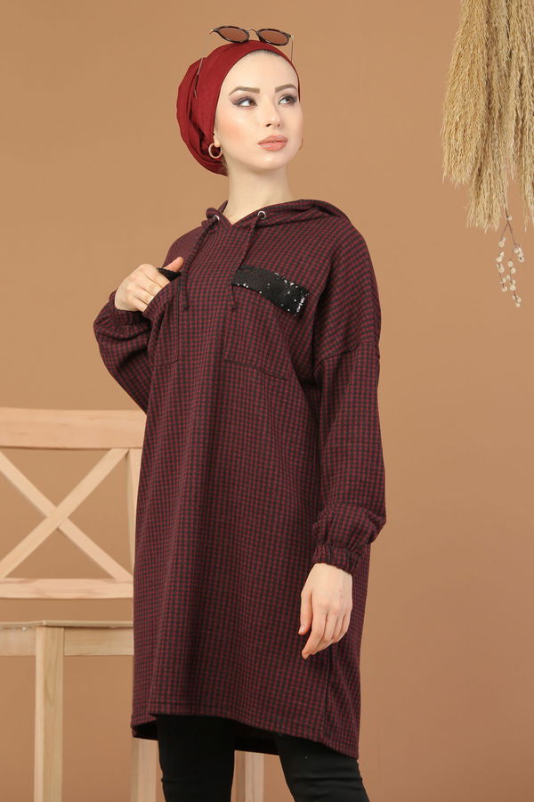 Düz Orta Kadın Bordo Kapşonlu Tunik Haki  - 8205