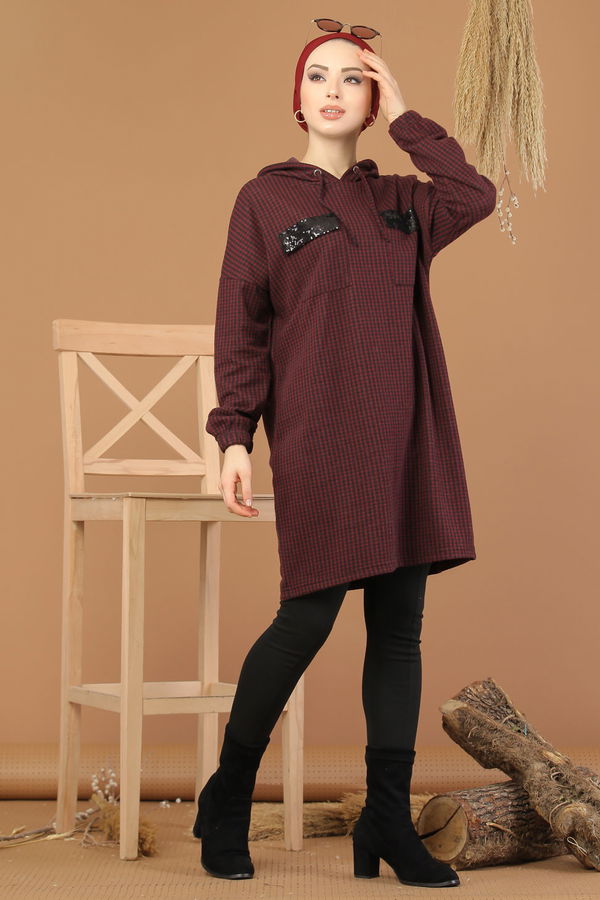 Düz Orta Kadın Bordo Kapşonlu Tunik Haki  - 8205