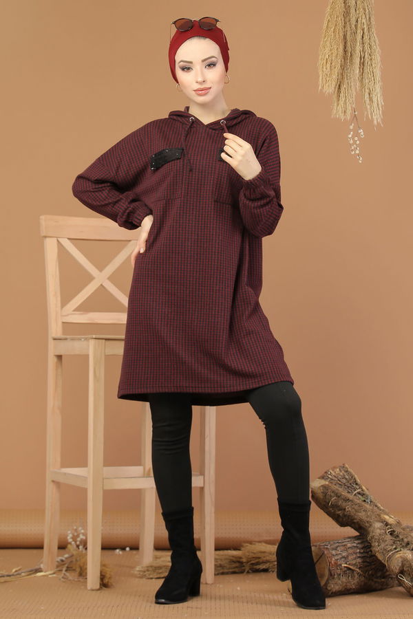 Düz Orta Kadın Bordo Kapşonlu Tunik Haki  - 8205