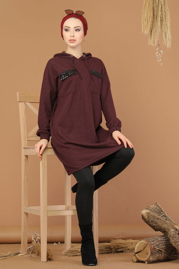 Düz Orta Kadın Bordo Kapşonlu Tunik Haki  - 8205