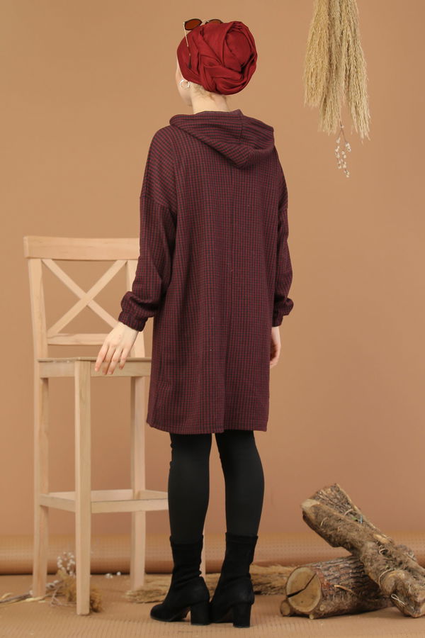 Düz Orta Kadın Bordo Kapşonlu Tunik Haki  - 8205