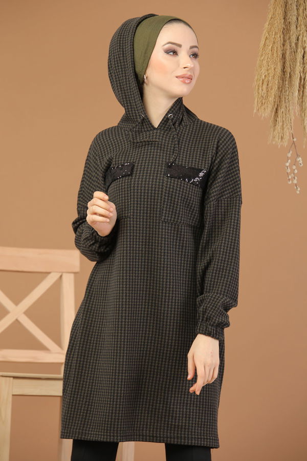 Düz Orta Kadın Haki Kapşonlu Tunik Haki  - 8205