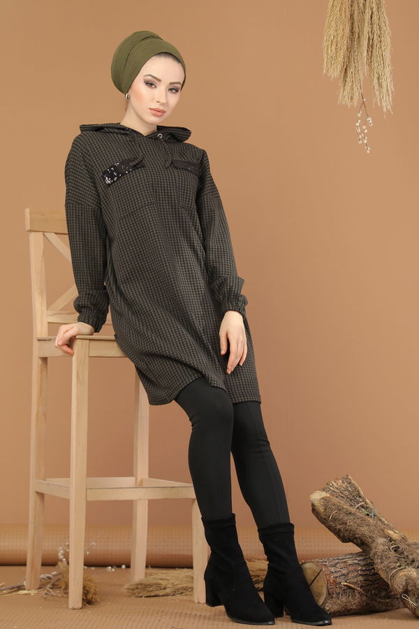 Düz Orta Kadın Haki Kapşonlu Tunik Haki  - 8205