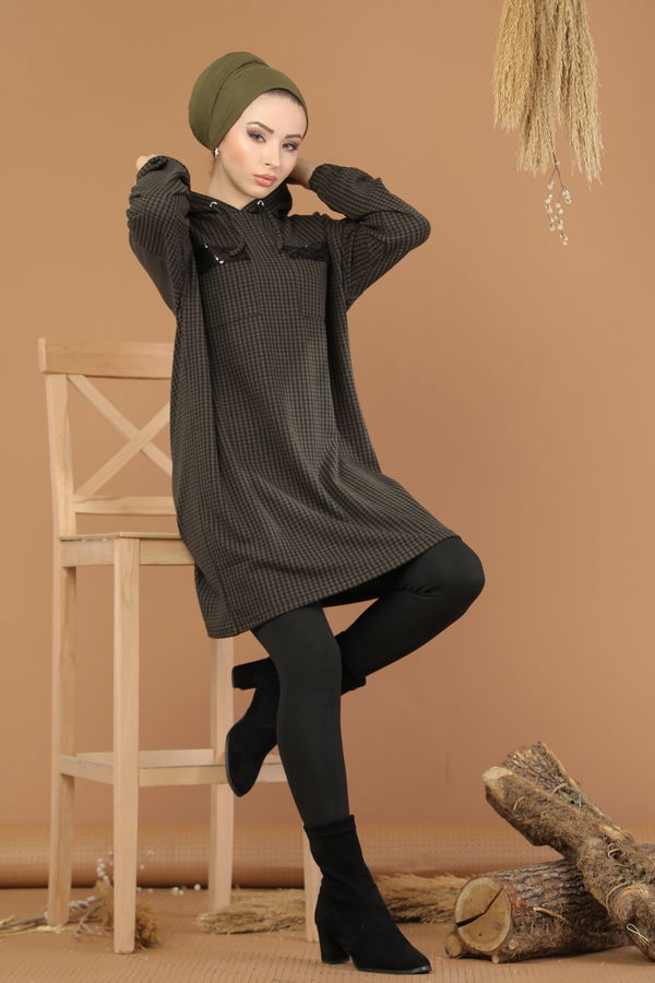 Düz Orta Kadın Haki Kapşonlu Tunik Haki  - 8205