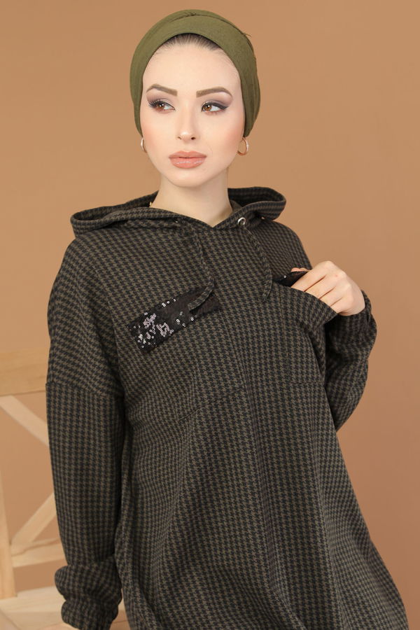 Düz Orta Kadın Haki Kapşonlu Tunik Haki  - 8205
