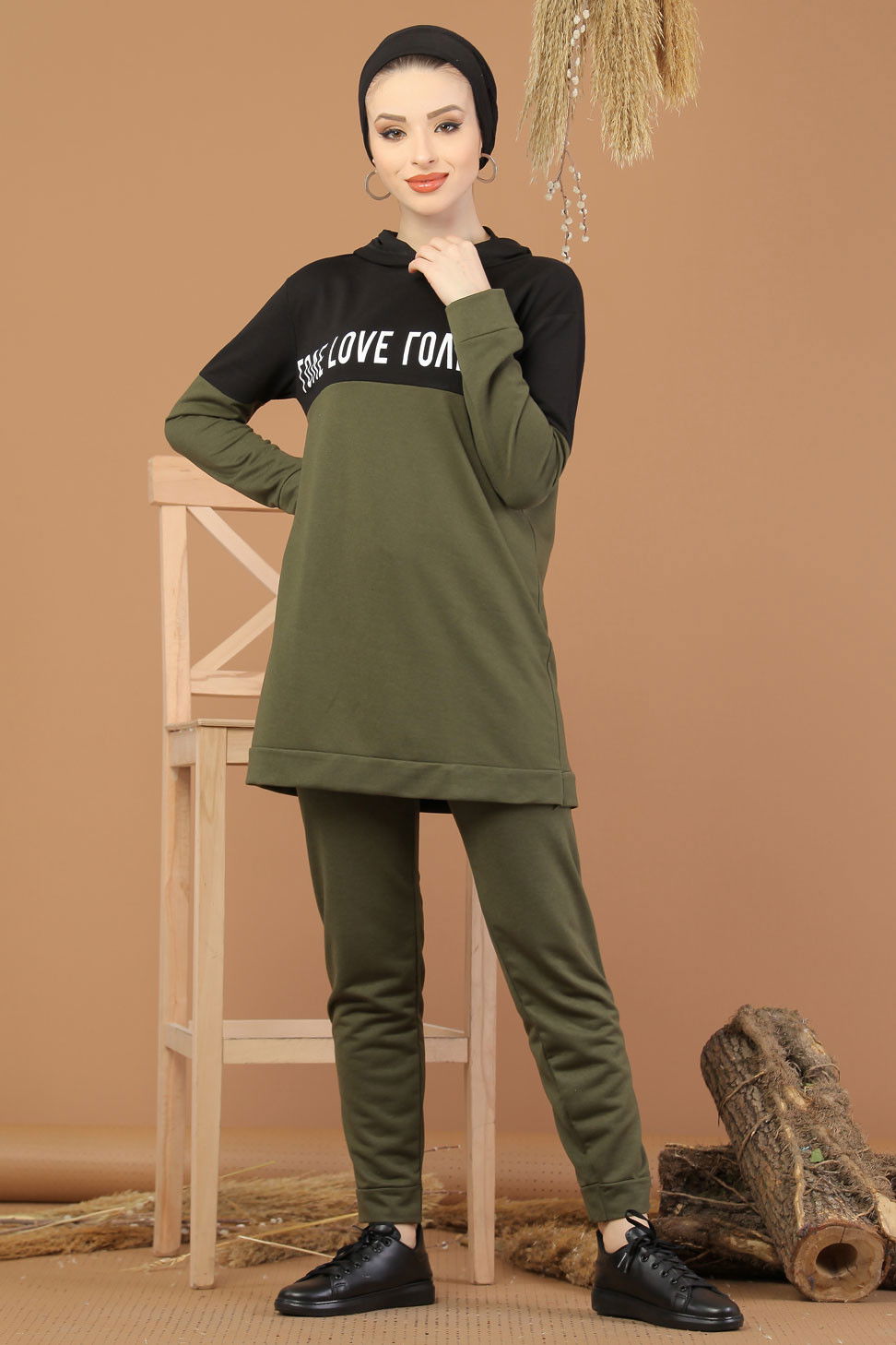 Düz Orta Kadın Haki Kapşonlu Tunik Pantolon Haki  - 8221