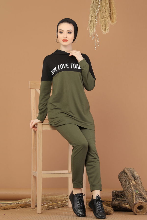 Düz Orta Kadın Haki Kapşonlu Tunik Pantolon Haki  - 8221