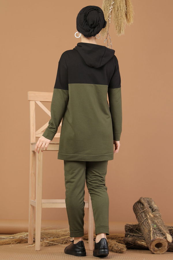 Düz Orta Kadın Haki Kapşonlu Tunik Pantolon Haki  - 8221