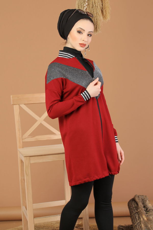 Düz Hakim Yaka Kadın Bordo Simli Tunik  - 8220 BORDO
