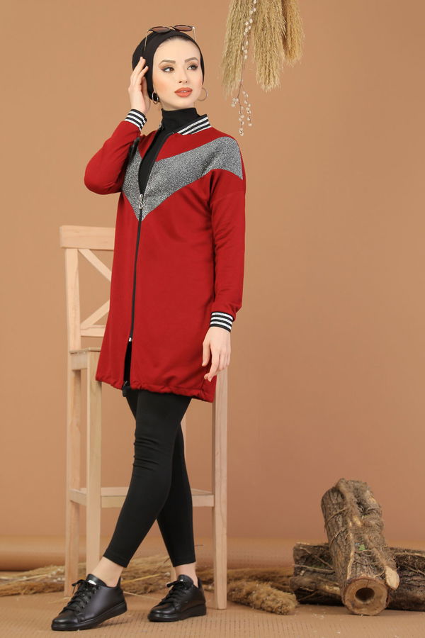 Düz Hakim Yaka Kadın Bordo Simli Tunik  - 8220 BORDO